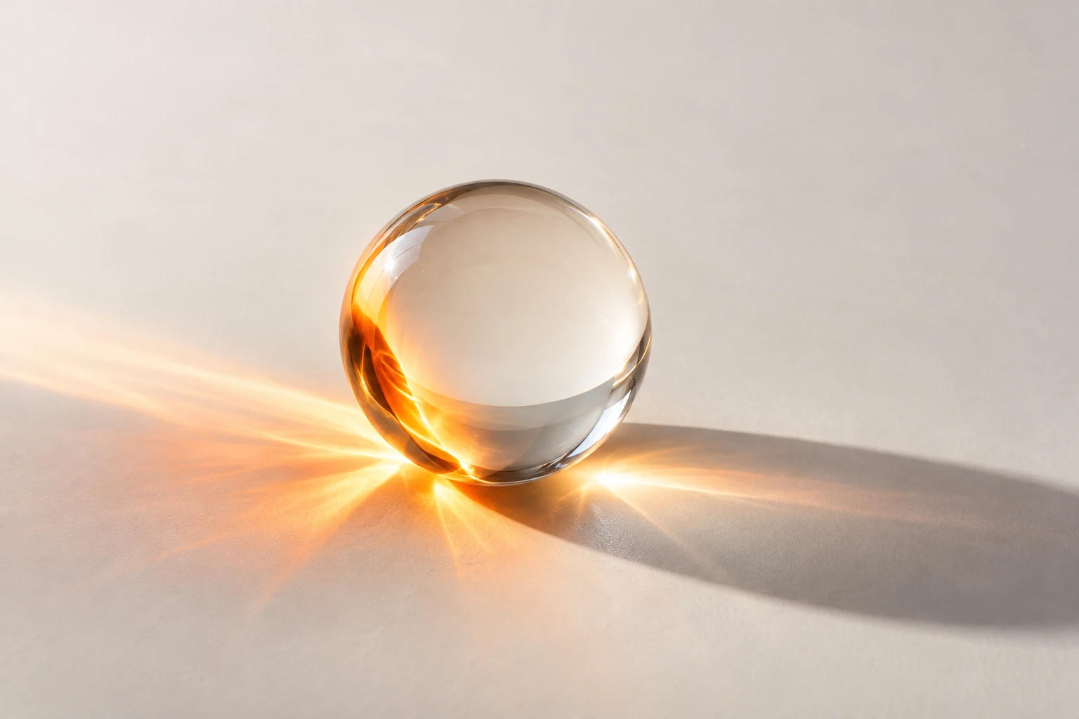 A clear glass sphere turns a beam of light into a warm luminous caustic.